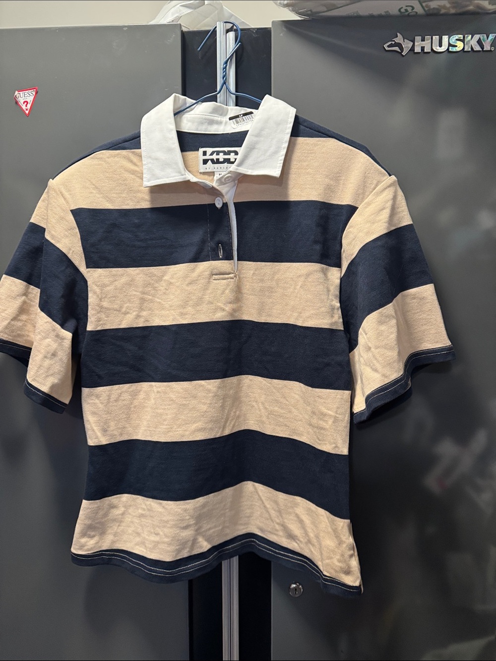 KBb nwot Women's Navy and Beige Striped Rugby Tee with White Collar